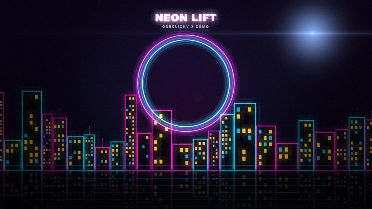 A neon city skyline visualizer with a glowing ring